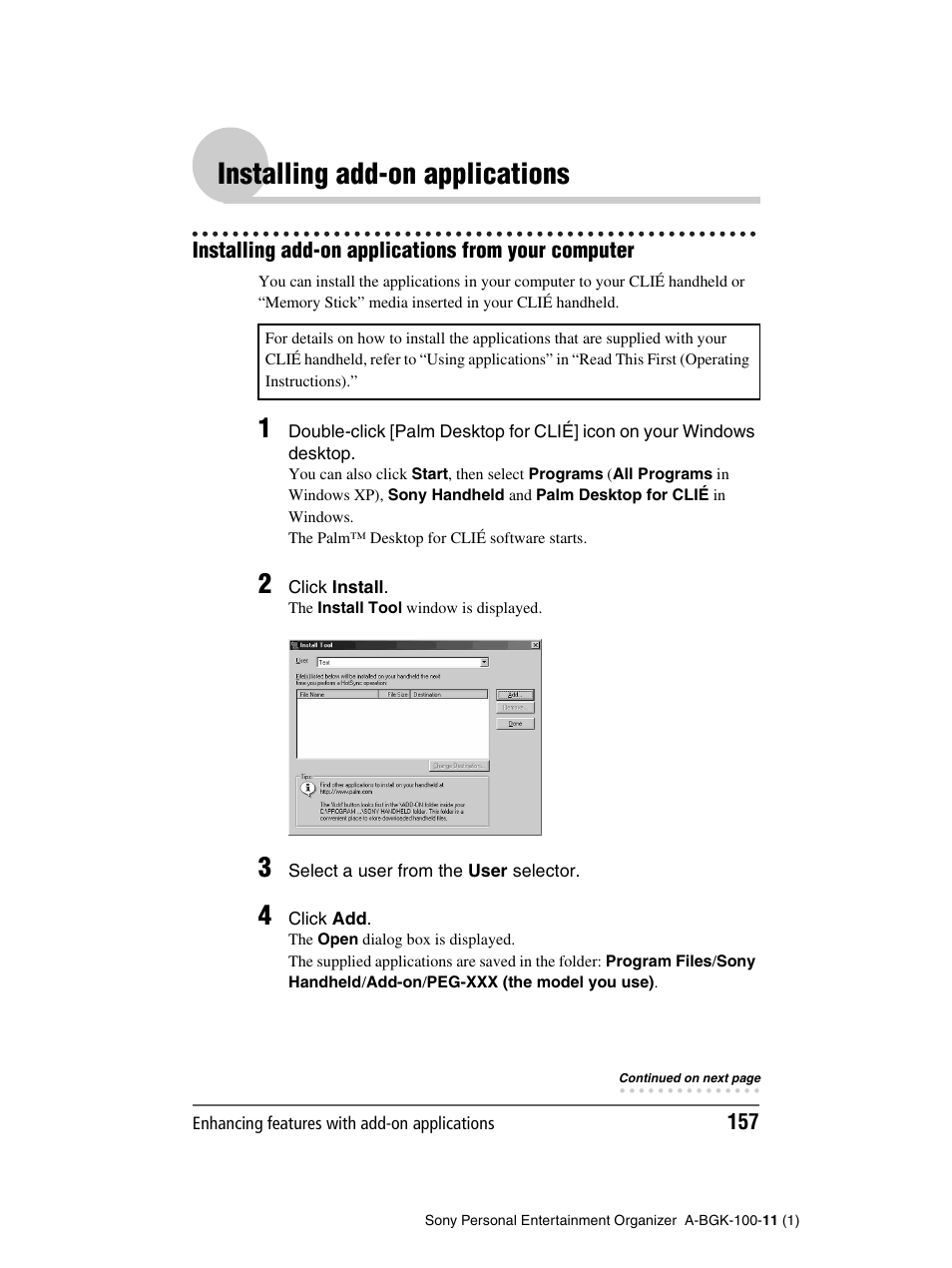 Installing add-on applications, Installing add-on applications from your computer | Sony PEG-SJ22 User Manual | Page 157 / 169