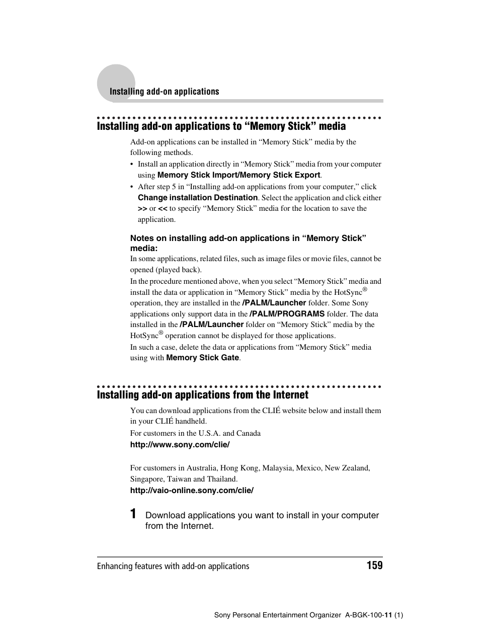 Installing add-on applications from the internet | Sony PEG-SJ22 User Manual | Page 159 / 169