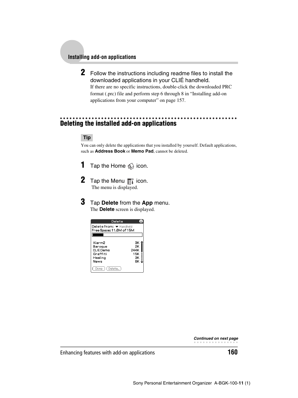 Deleting the installed add-on applications | Sony PEG-SJ22 User Manual | Page 160 / 169