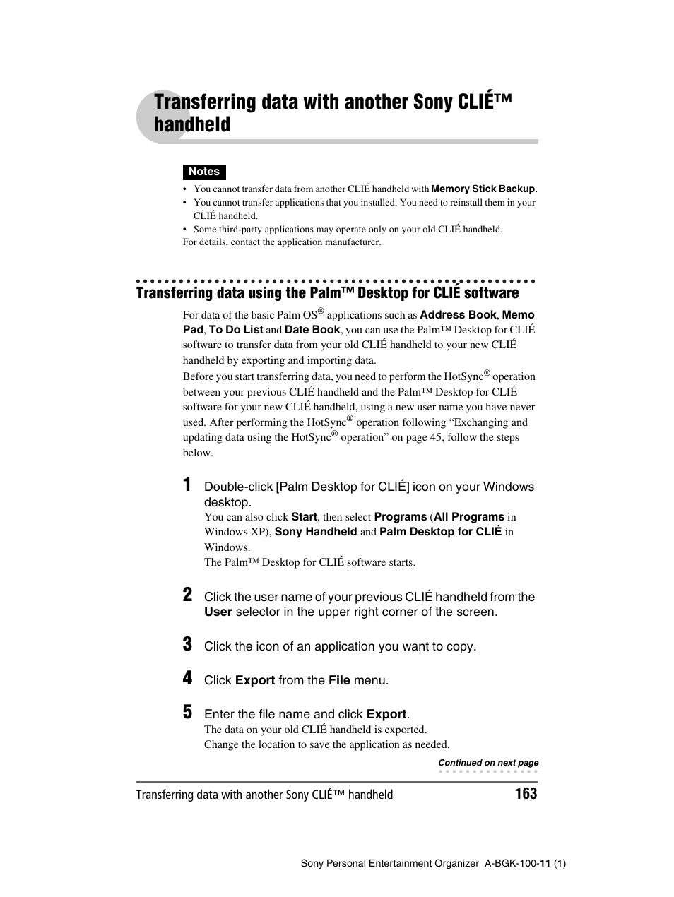 Transferring data with another sony clié™ handheld | Sony PEG-SJ22 User Manual | Page 163 / 169