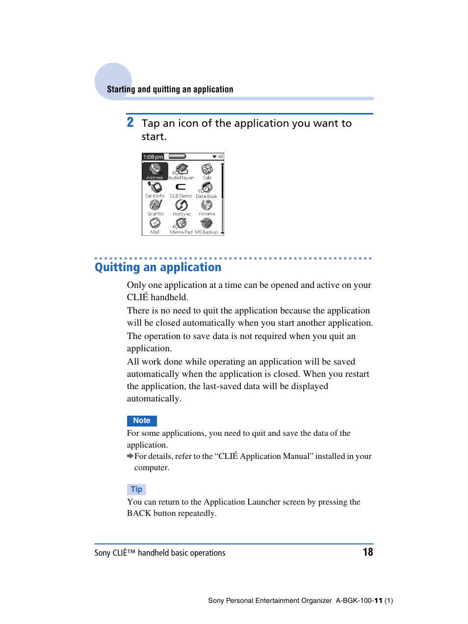 Quitting an application | Sony PEG-SJ22 User Manual | Page 18 / 169