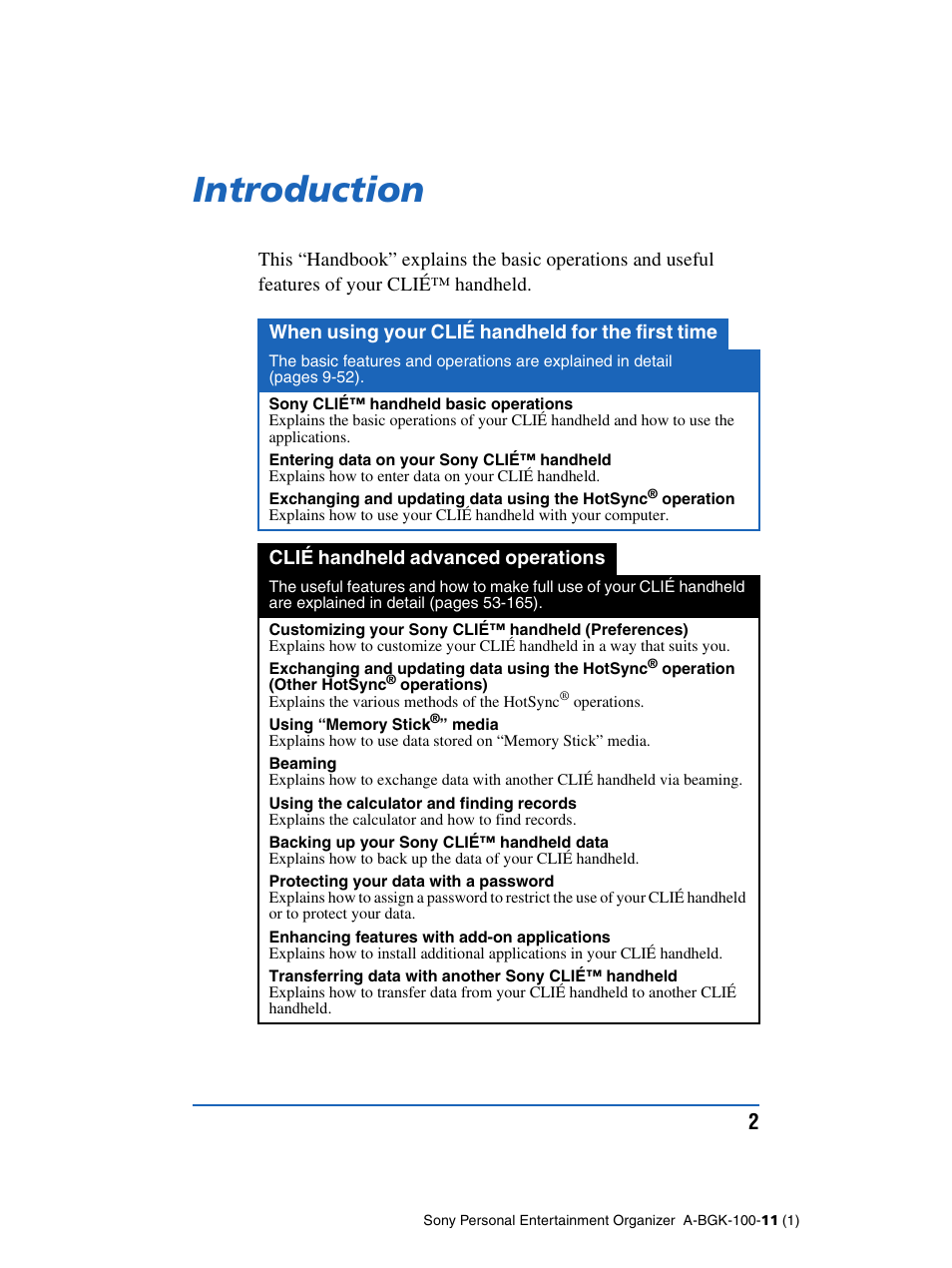 Introduction | Sony PEG-SJ22 User Manual | Page 2 / 169