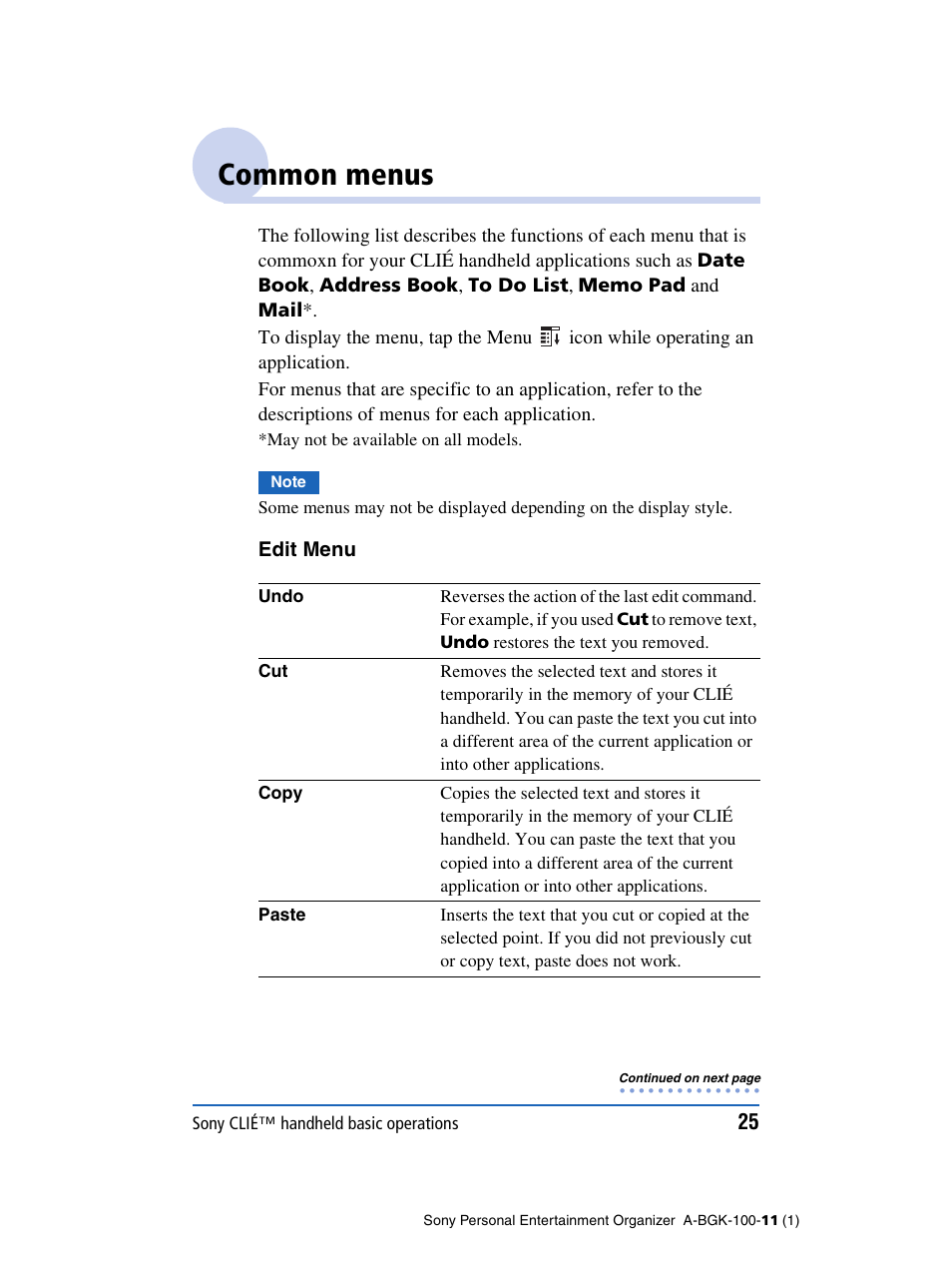 Common menus | Sony PEG-SJ22 User Manual | Page 25 / 169