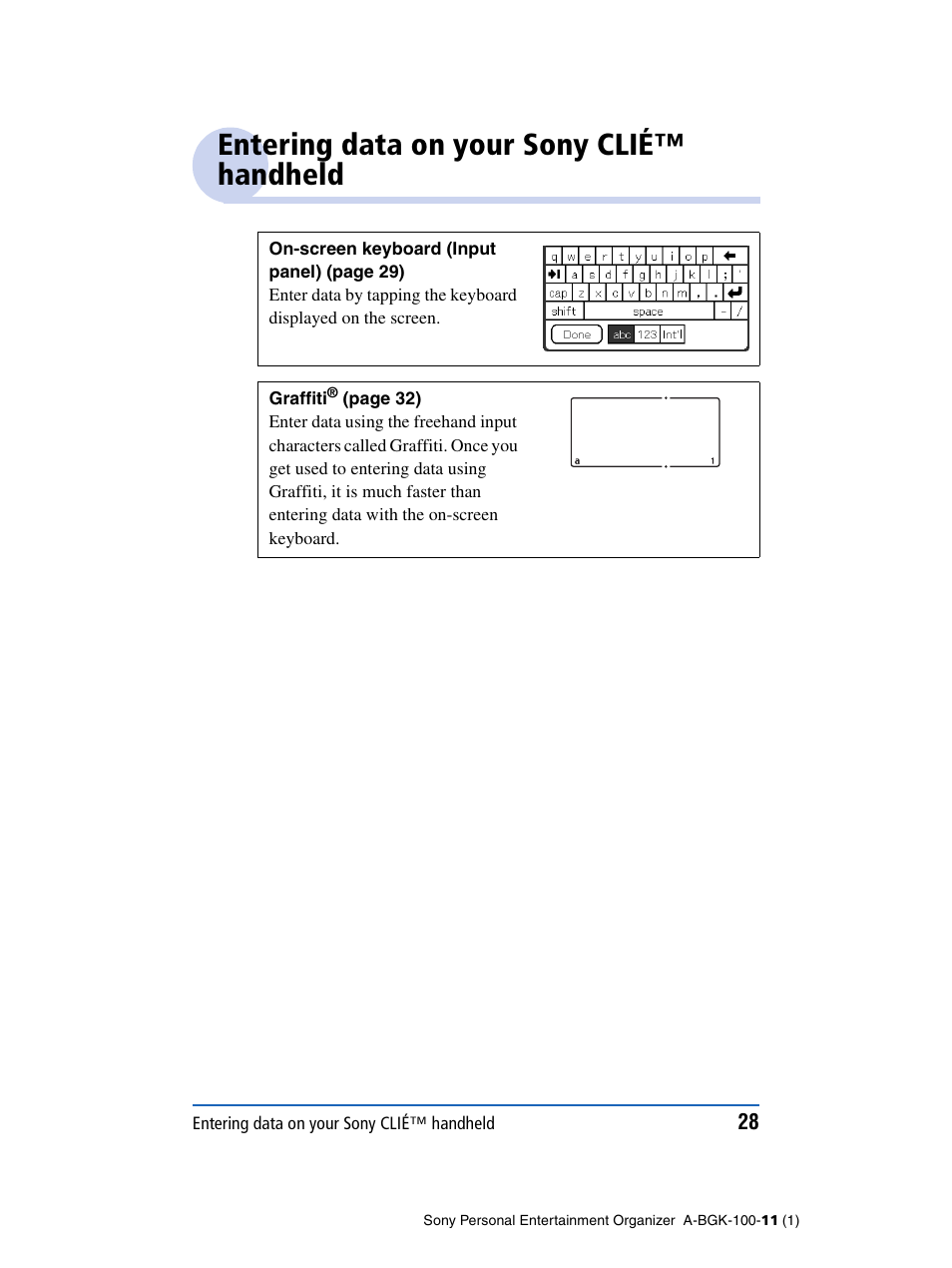 Entering data on your sony clié™ handheld | Sony PEG-SJ22 User Manual | Page 28 / 169