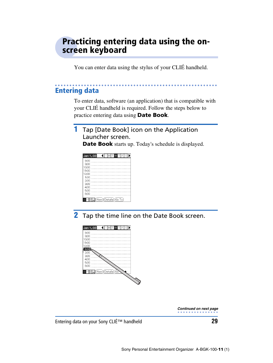 Entering data, Practicing entering data using the on-screen, Keyboard | Sony PEG-SJ22 User Manual | Page 29 / 169