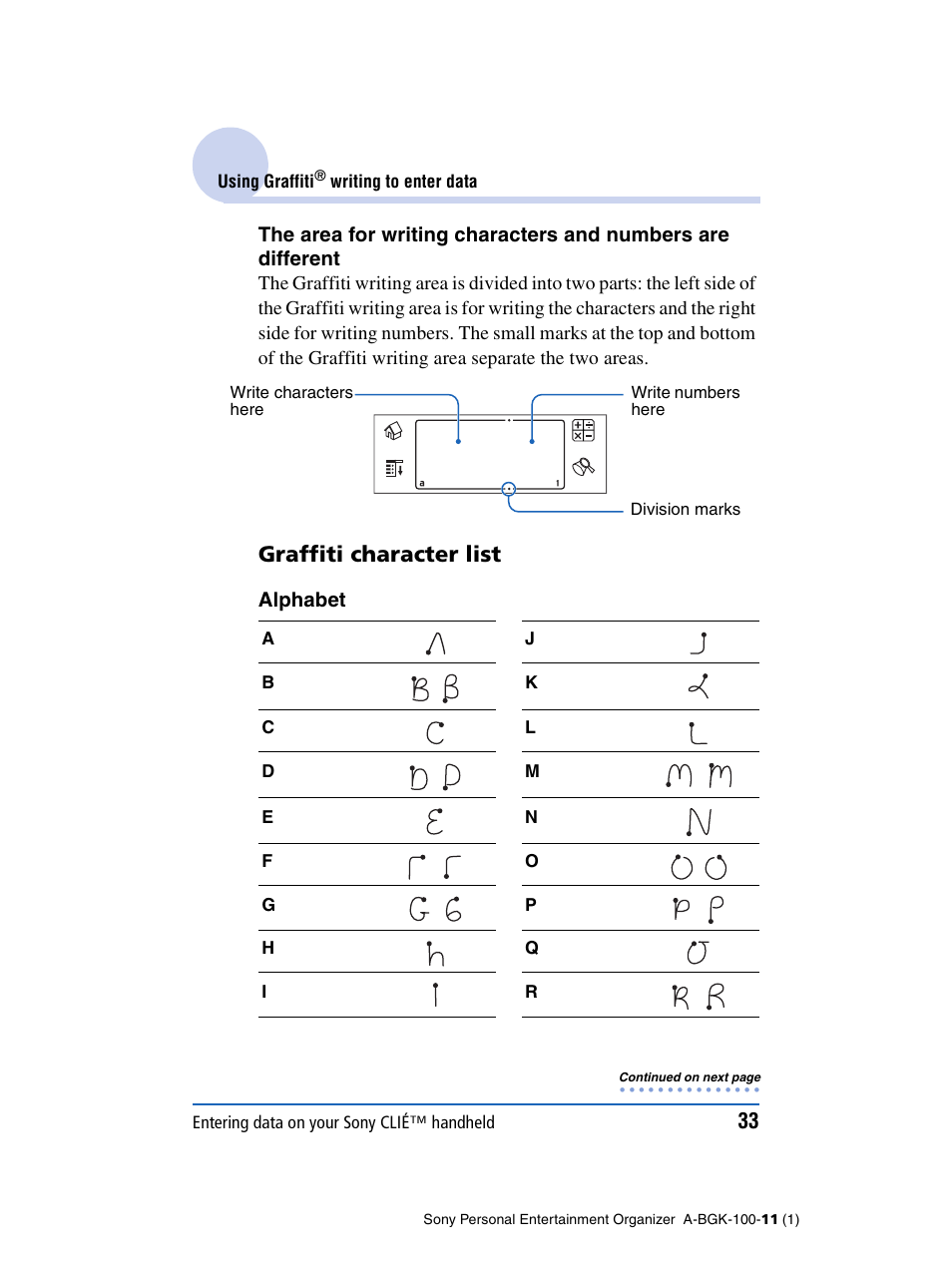 Graffiti character list | Sony PEG-SJ22 User Manual | Page 33 / 169