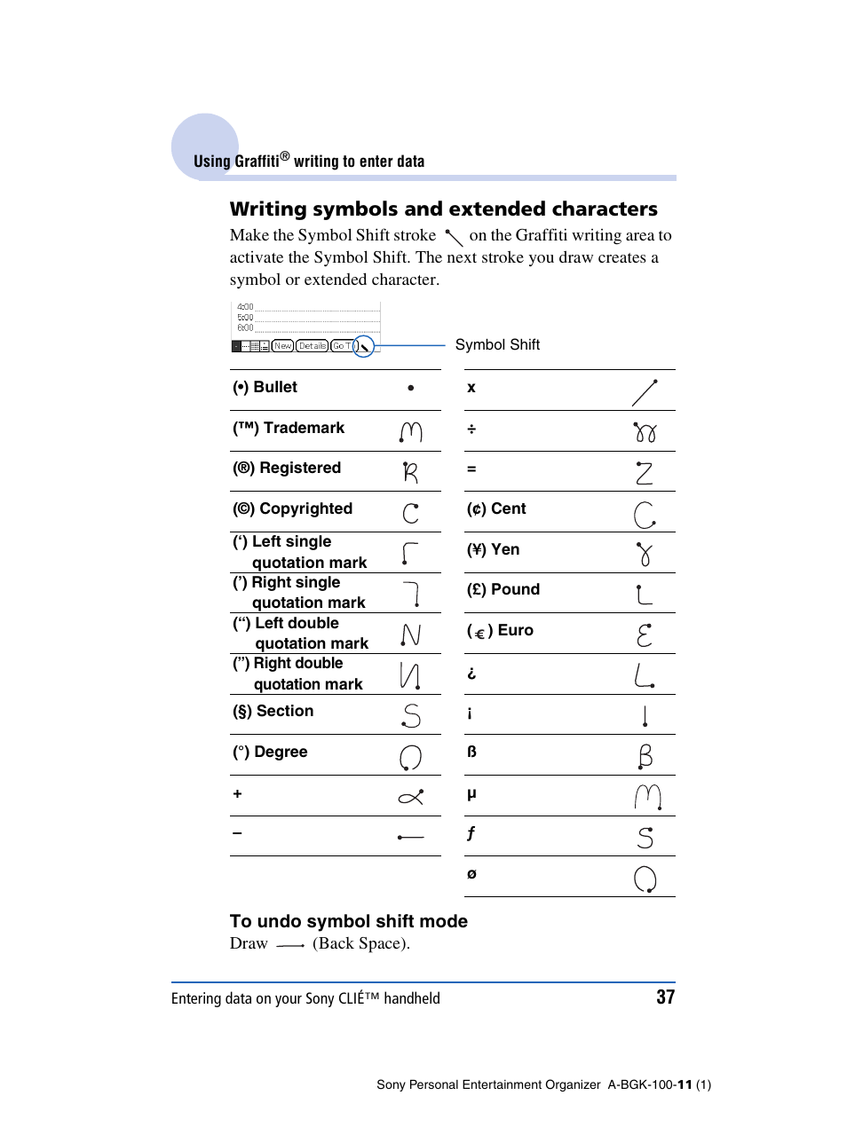 Writing symbols and extended characters | Sony PEG-SJ22 User Manual | Page 37 / 169