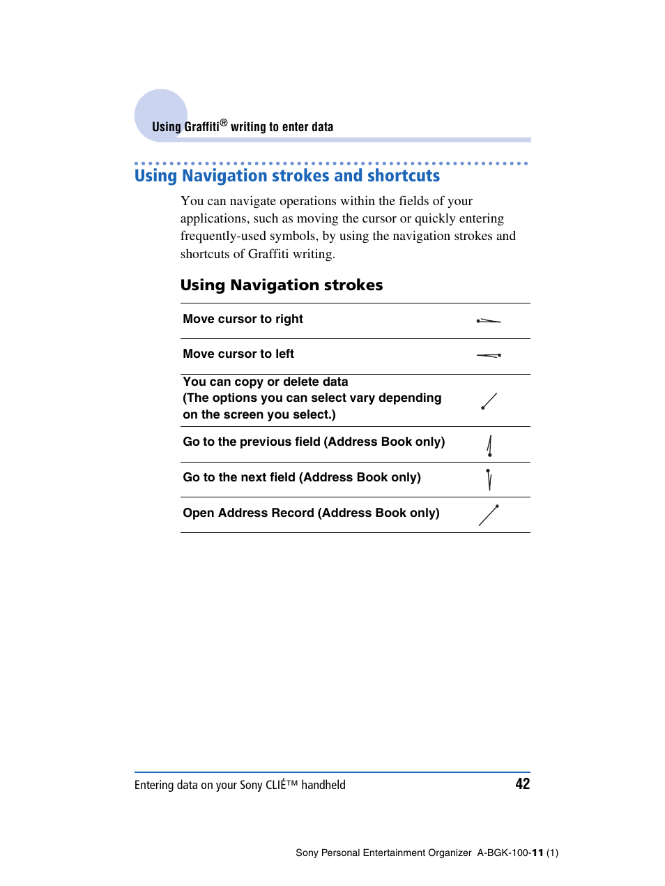 Using navigation strokes and shortcuts, Using navigation strokes | Sony PEG-SJ22 User Manual | Page 42 / 169