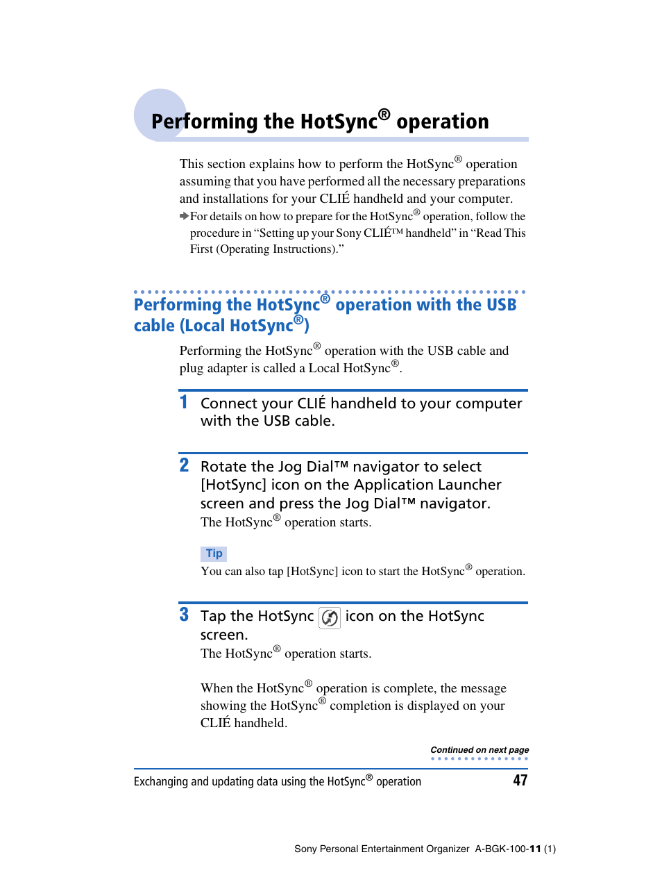 Performing the hotsync® operation, Performing the hotsync, Operation | Operation with the usb cable, Local hotsync, Operation with the usb cable (local hotsync | Sony PEG-SJ22 User Manual | Page 47 / 169