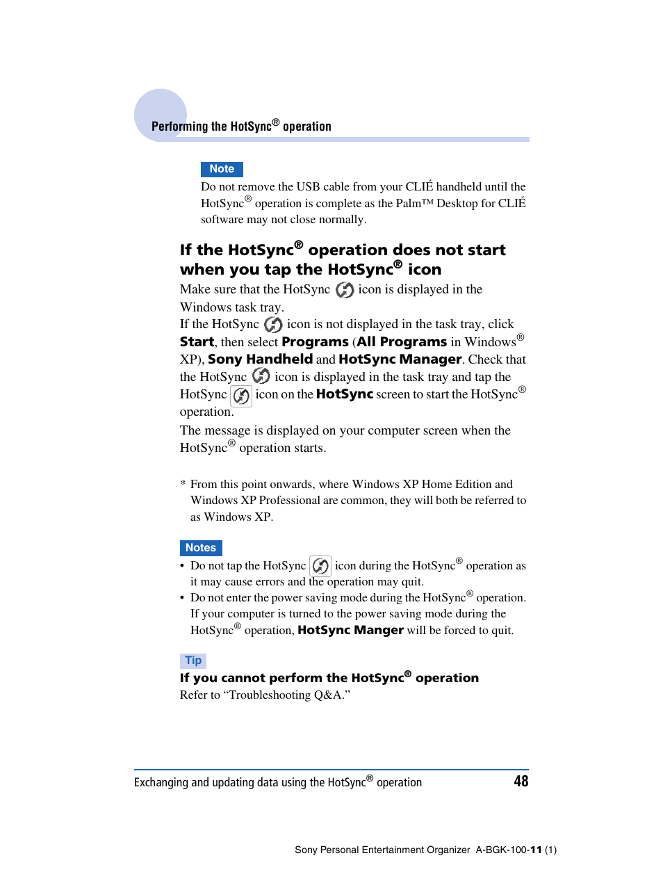 If the hotsync, Operation does not start when you tap the hotsync, Icon | Sony PEG-SJ22 User Manual | Page 48 / 169