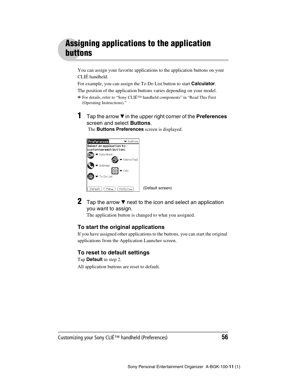 Assigning applications to the application buttons, Assigning applications to the application, Buttons | Sony PEG-SJ22 User Manual | Page 56 / 169