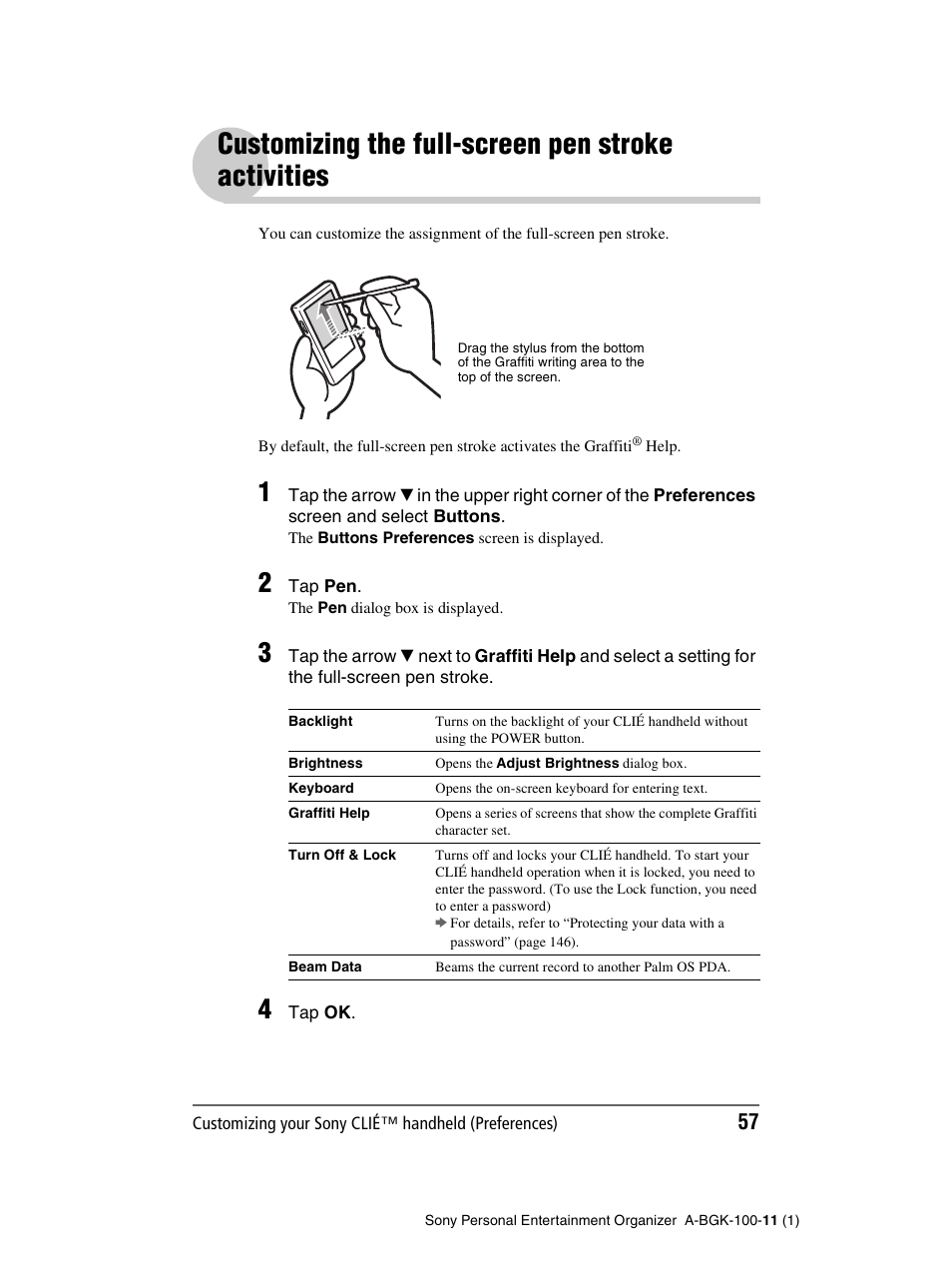 Customizing the full-screen pen stroke activities, Customizing the full-screen pen stroke, Activities | Sony PEG-SJ22 User Manual | Page 57 / 169