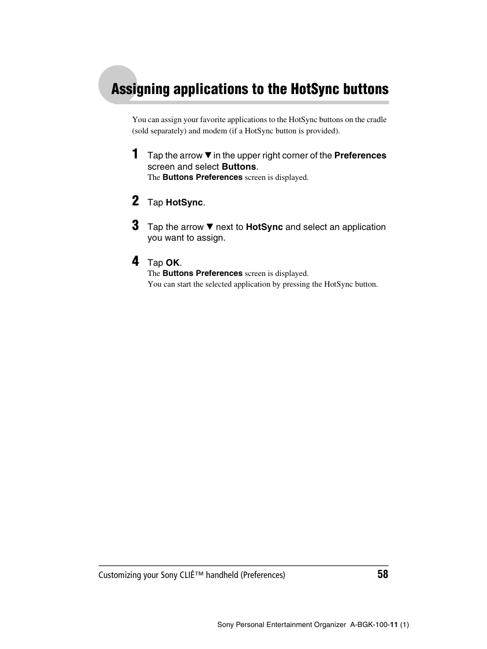 Assigning applications to the hotsync buttons | Sony PEG-SJ22 User Manual | Page 58 / 169