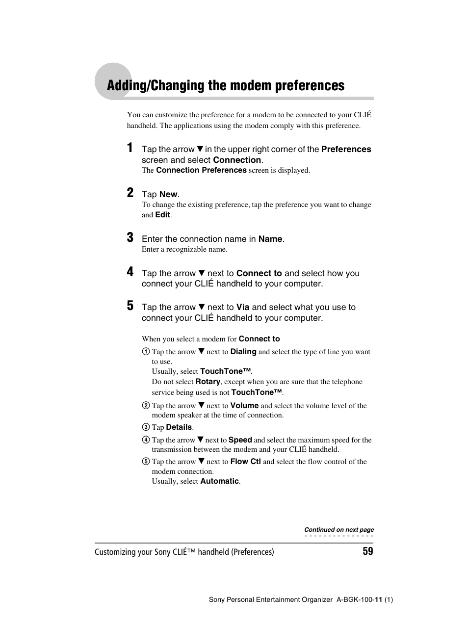 Adding/changing the modem preferences | Sony PEG-SJ22 User Manual | Page 59 / 169