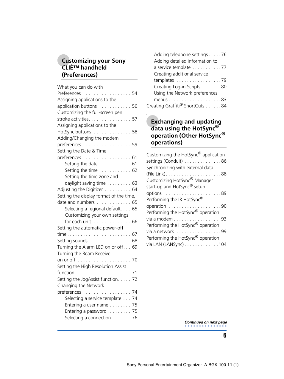 Customizing your sony clié™ handheld (preferences), Exchanging and updating data using the hotsync, Operation (other hotsync | Operations) | Sony PEG-SJ22 User Manual | Page 6 / 169