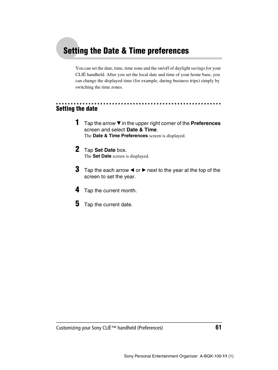 Setting the date & time preferences, Setting the date | Sony PEG-SJ22 User Manual | Page 61 / 169