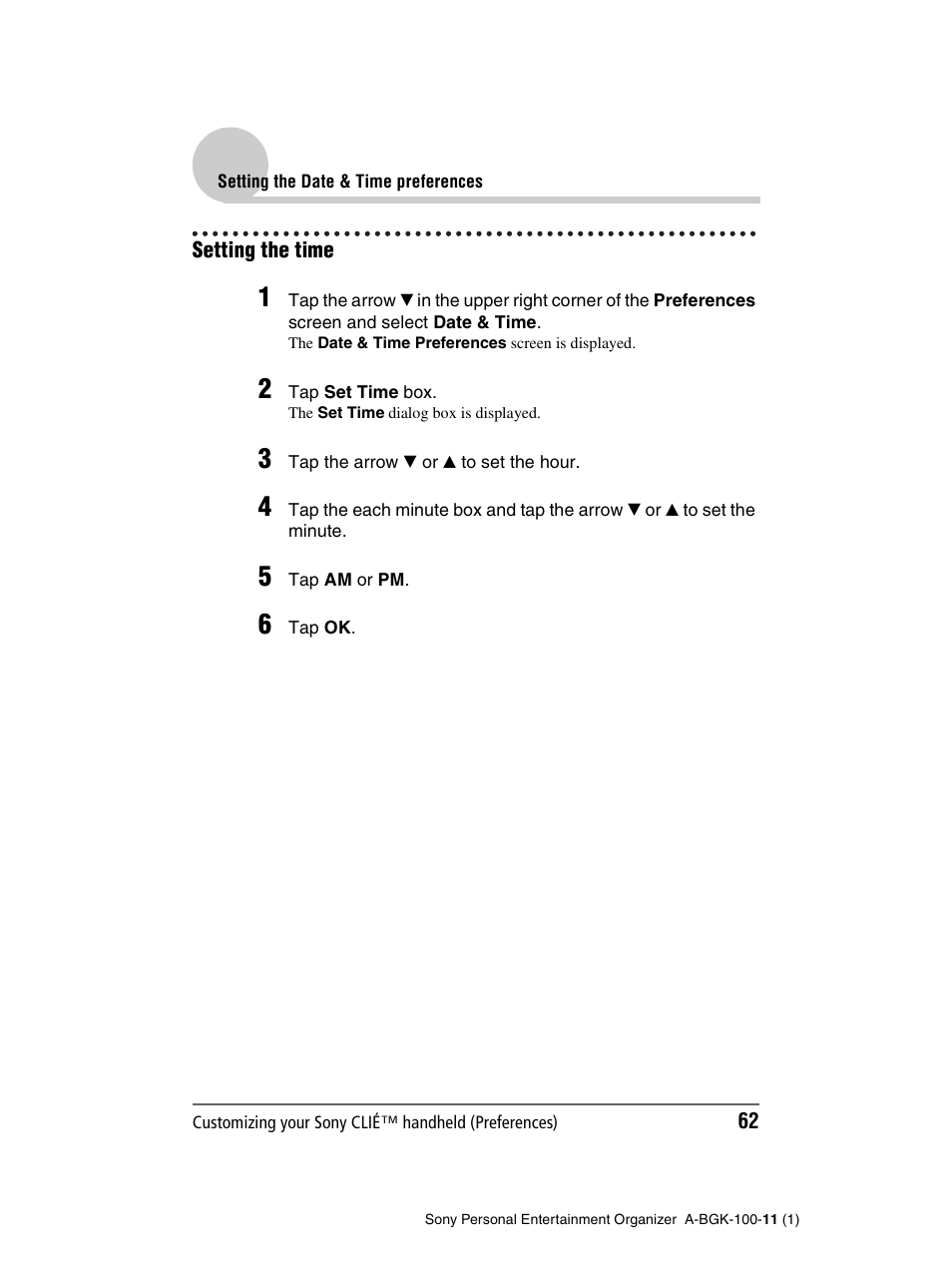 Setting the time | Sony PEG-SJ22 User Manual | Page 62 / 169