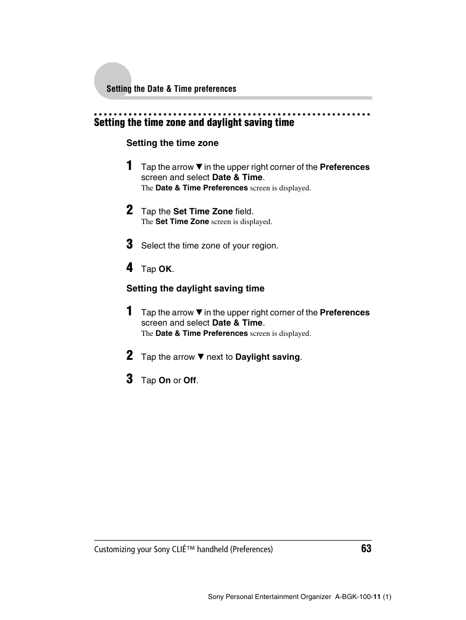 Setting the time zone and daylight saving time | Sony PEG-SJ22 User Manual | Page 63 / 169