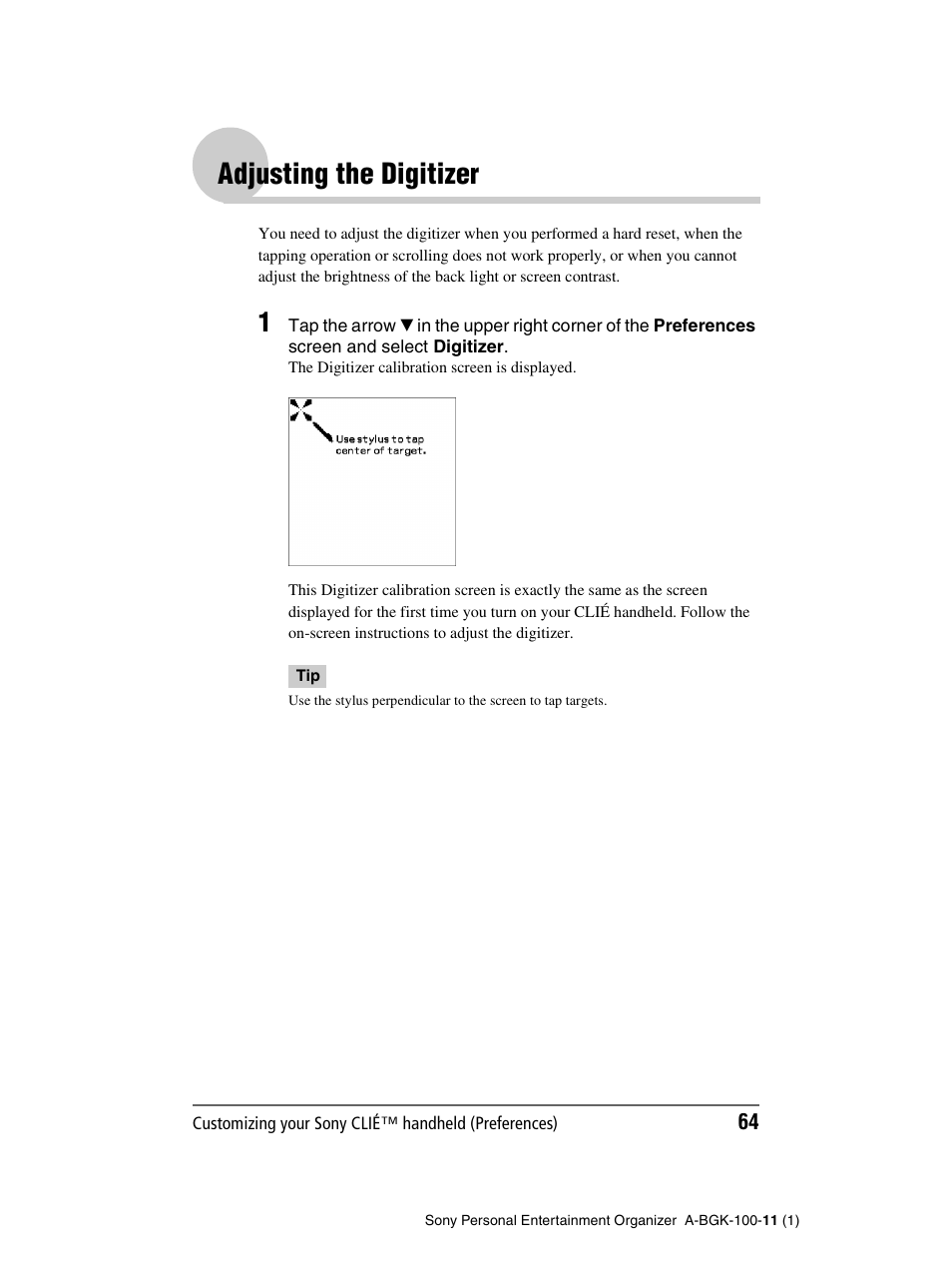 Adjusting the digitizer | Sony PEG-SJ22 User Manual | Page 64 / 169