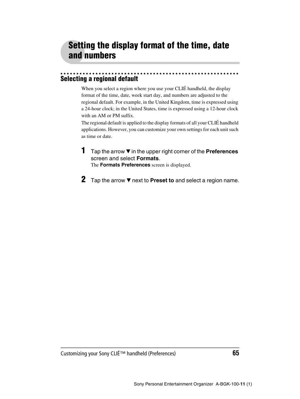 Selecting a regional default, Setting the display format of the time, date and, Numbers | Sony PEG-SJ22 User Manual | Page 65 / 169