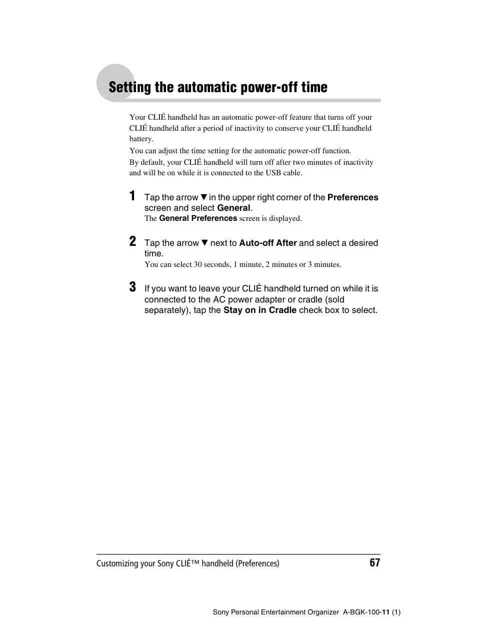 Setting the automatic power-off time | Sony PEG-SJ22 User Manual | Page 67 / 169