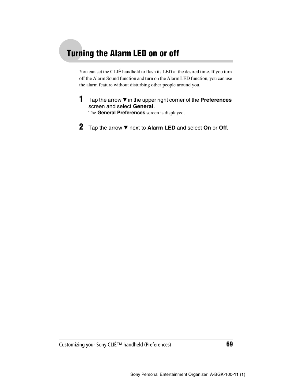 Turning the alarm led on or off | Sony PEG-SJ22 User Manual | Page 69 / 169