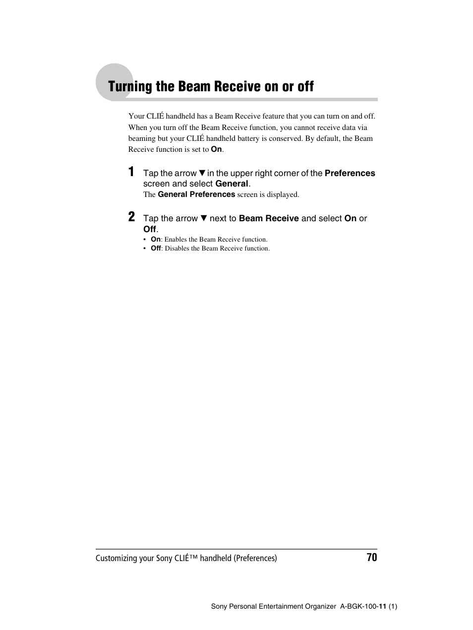 Turning the beam receive on or off | Sony PEG-SJ22 User Manual | Page 70 / 169