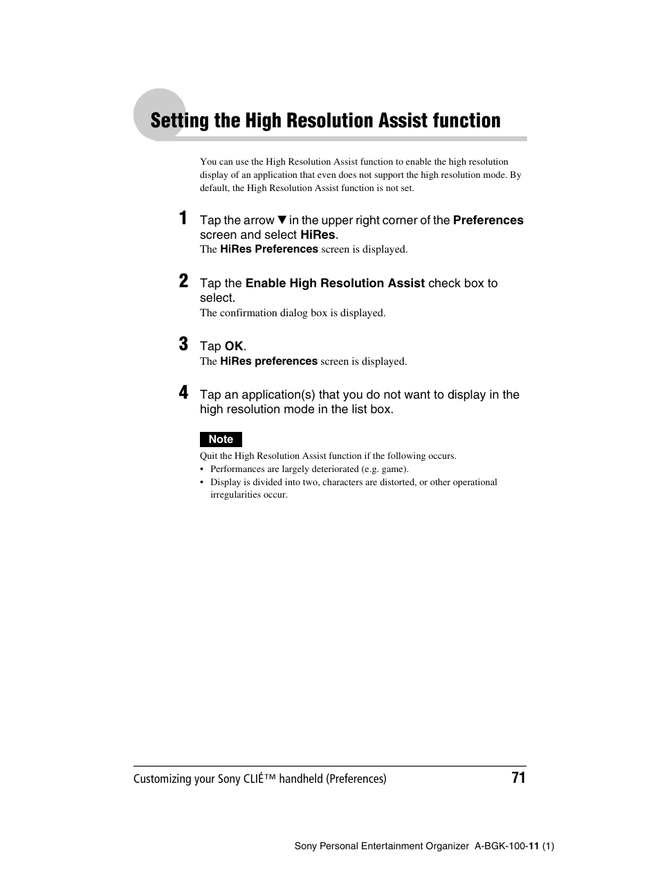 Setting the high resolution assist function | Sony PEG-SJ22 User Manual | Page 71 / 169