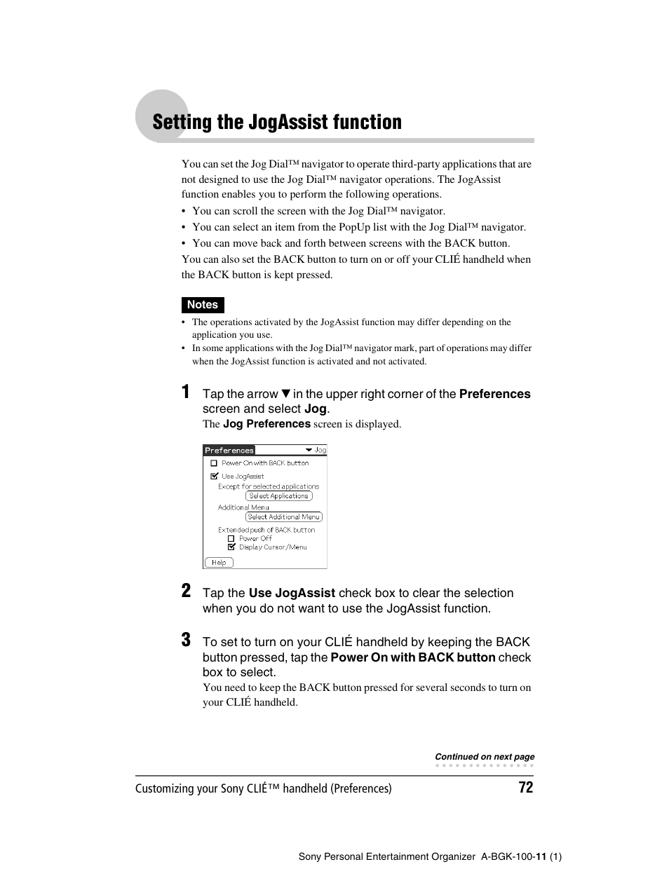 Setting the jogassist function | Sony PEG-SJ22 User Manual | Page 72 / 169