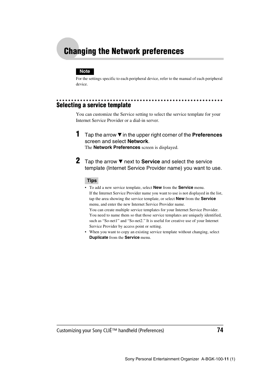 Changing the network preferences, Selecting a service template | Sony PEG-SJ22 User Manual | Page 74 / 169