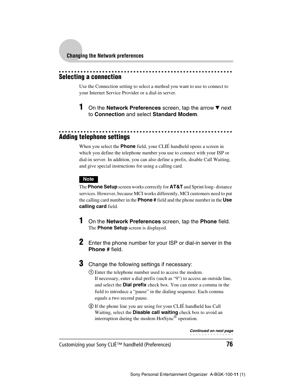 Selecting a connection, Adding telephone settings | Sony PEG-SJ22 User Manual | Page 76 / 169