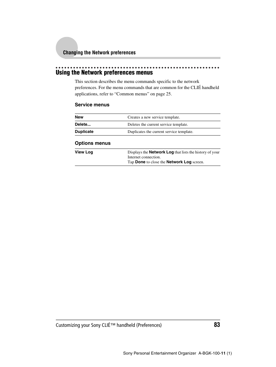 Using the network preferences menus | Sony PEG-SJ22 User Manual | Page 83 / 169