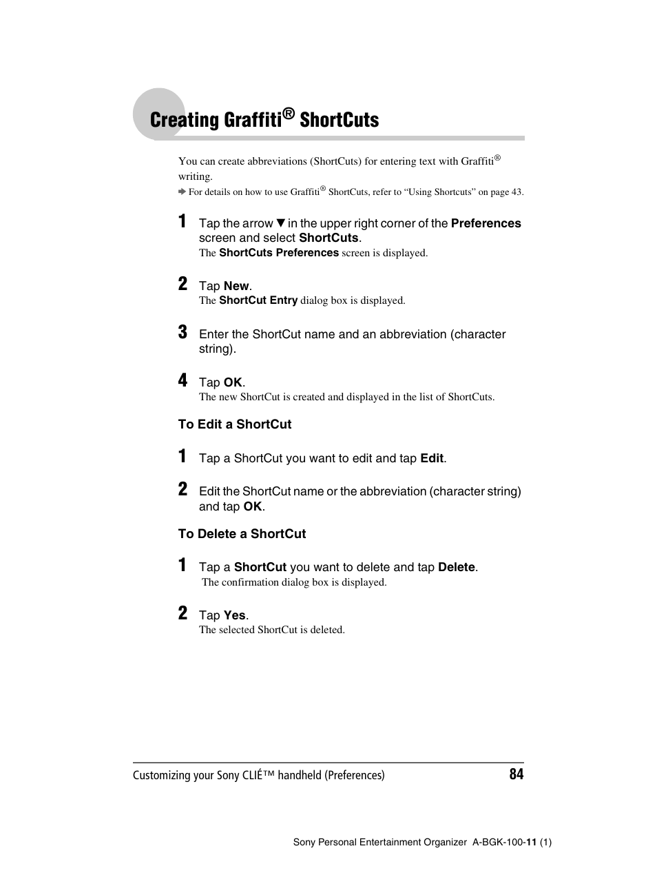 Creating graffiti® shortcuts, Creating graffiti, Shortcuts | Ge 84 | Sony PEG-SJ22 User Manual | Page 84 / 169