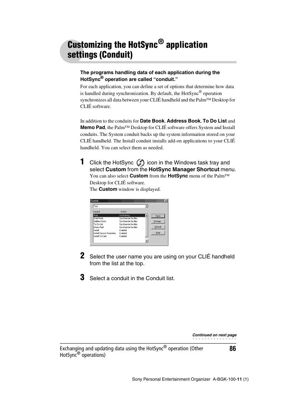 Customizing the hotsync, Application, Settings (conduit) | Application settings, Conduit), Application settings (conduit) | Sony PEG-SJ22 User Manual | Page 86 / 169