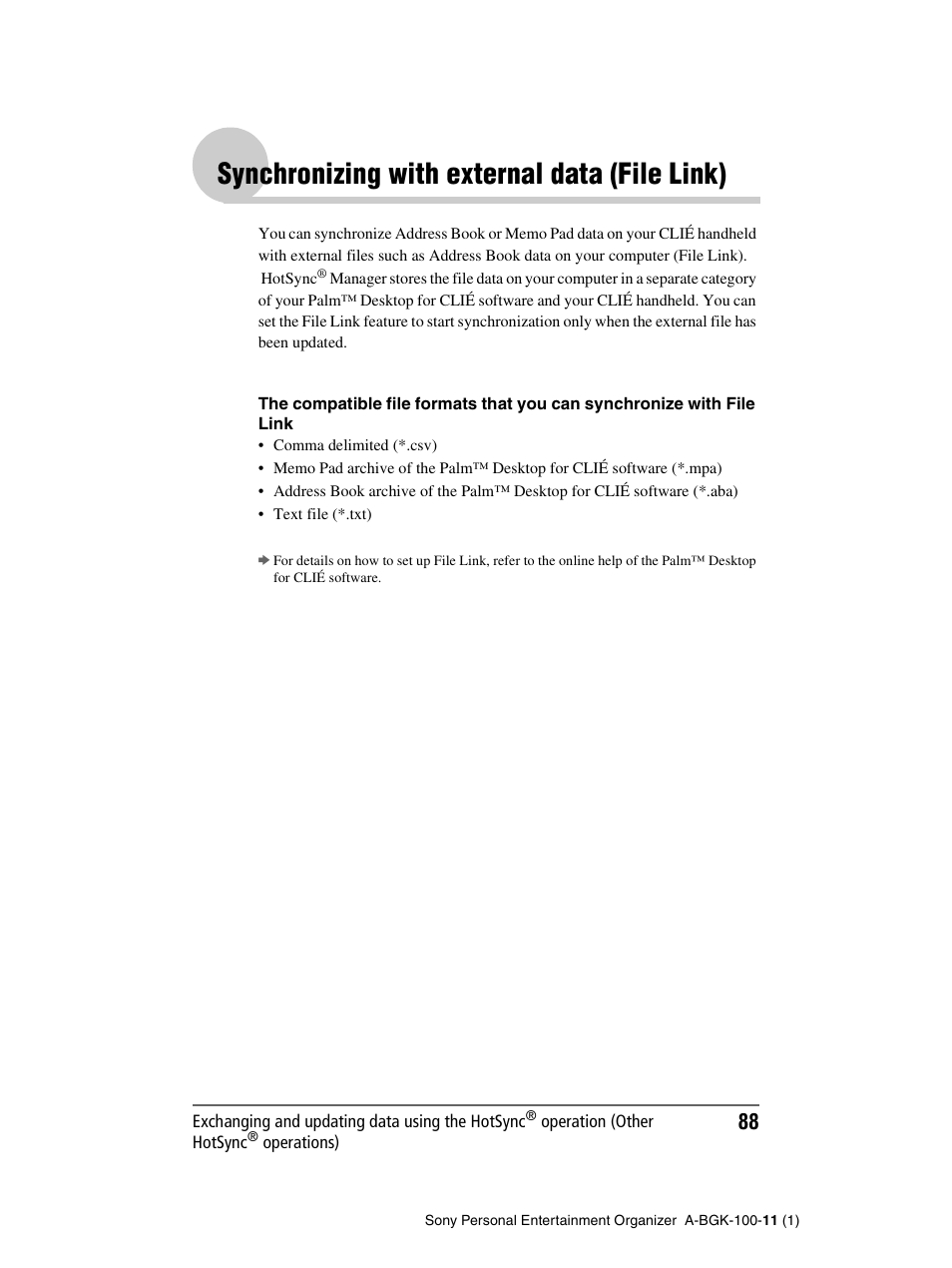 Synchronizing with external data (file link) | Sony PEG-SJ22 User Manual | Page 88 / 169