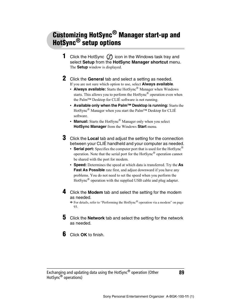 Customizing hotsync, Manager, Start-up and hotsync | Setup, Options, Manager start-up and, Hotsync, Setup options, Manager start-up and hotsync | Sony PEG-SJ22 User Manual | Page 89 / 169