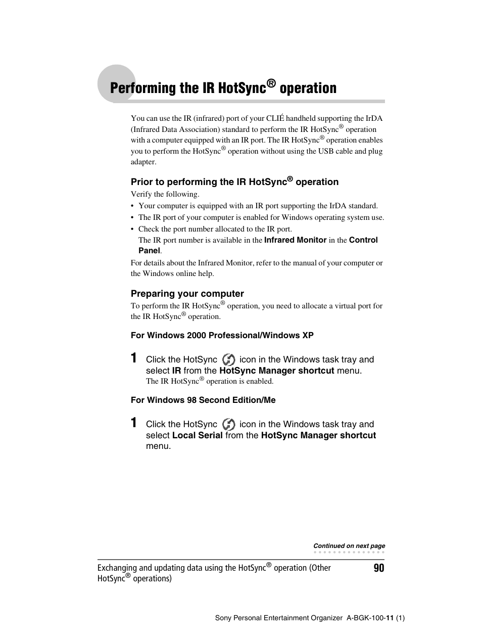 Performing the ir hotsync® operation, Performing the ir hotsync, Operation | Sony PEG-SJ22 User Manual | Page 90 / 169