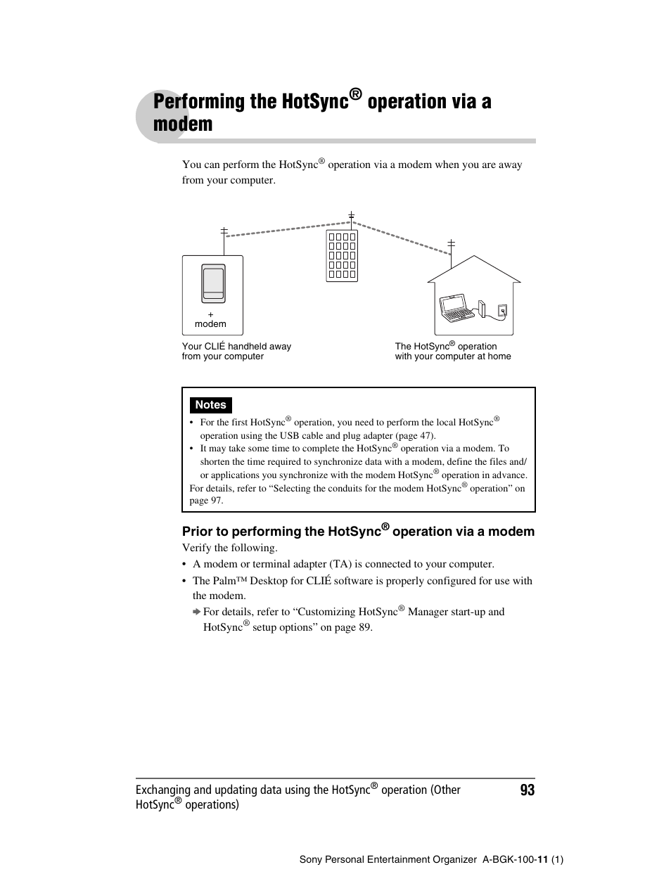 Performing the hotsync® operation via a modem, Performing the hotsync, Operation | Via a modem, Operation via, A modem, Operation via a modem | Sony PEG-SJ22 User Manual | Page 93 / 169