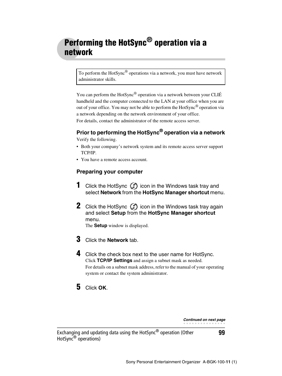 Performing the hotsync® operation via a network, Performing the hotsync, Operation | Via a network, Operation via, A network, Operation via a network | Sony PEG-SJ22 User Manual | Page 99 / 169