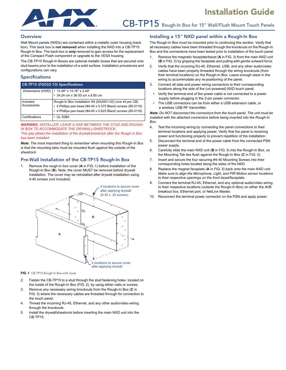 AMX Rough-In Box CB-TP15 User Manual | 2 pages