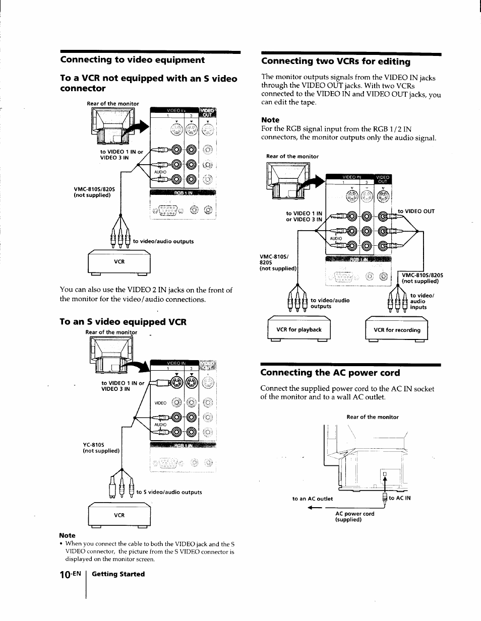 Connecting to video equipment, To a vcr not equipped with an s video connector, To an s video equipped vcr | Connecting two vcrs for editing, Note, Connecting the ac power cord | Sony KL-W7000 User Manual | Page 10 / 96