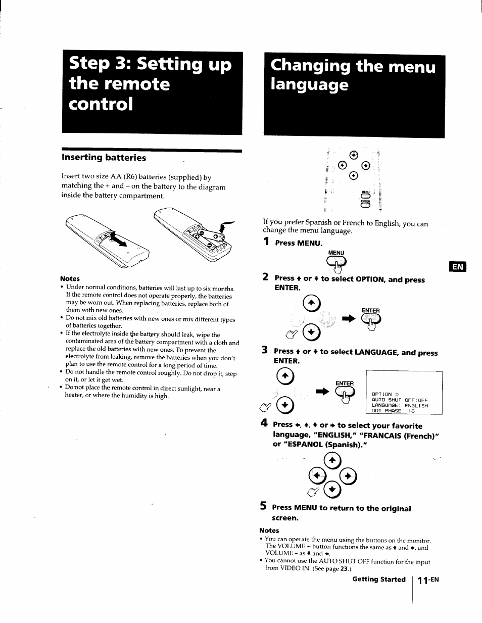 Changing the menu language, Inserting batteries, Notes | Step 3: setting up the remote control | Sony KL-W7000 User Manual | Page 11 / 96