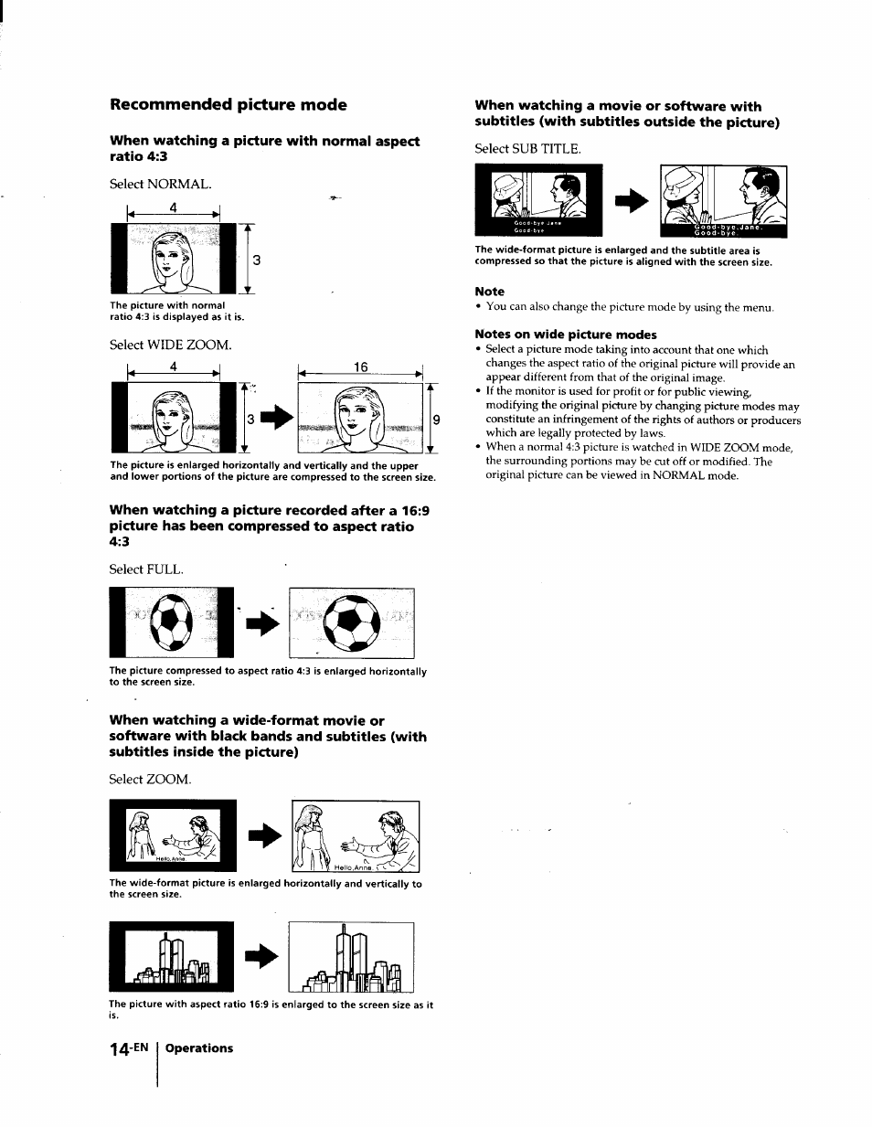 Recommended picture mode, Note, Notes on wide picture modes | Sony KL-W7000 User Manual | Page 14 / 96