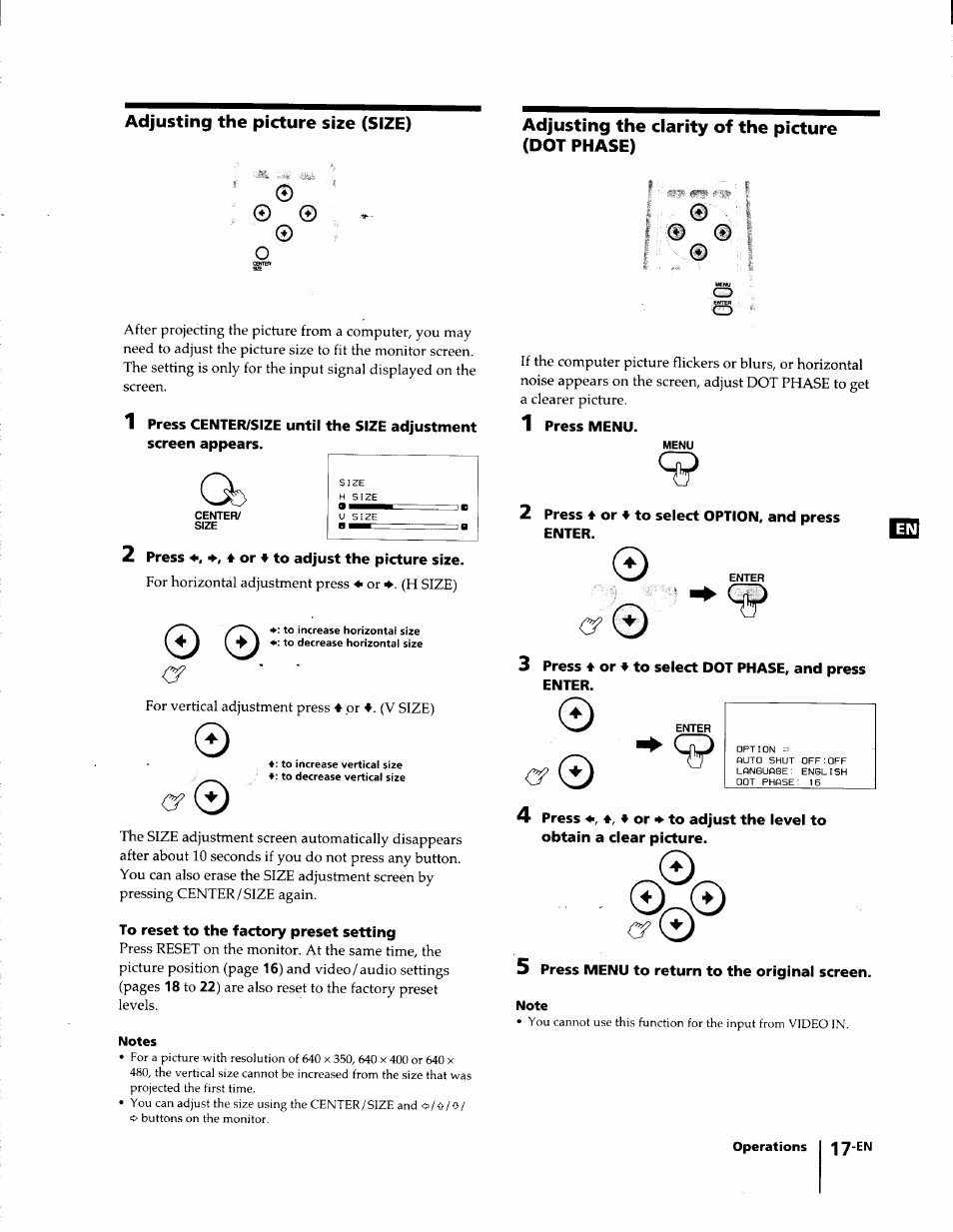 Adjusting the picture size (size), Adjusting the clarity of the picture (dot phase), 2 press 4 or f to adjust the picture size | To reset to the factory preset setting, Notes, 1 press menu, 2 press 4 or 4 to select option, and press bm, Enter. e2i | Sony KL-W7000 User Manual | Page 17 / 96
