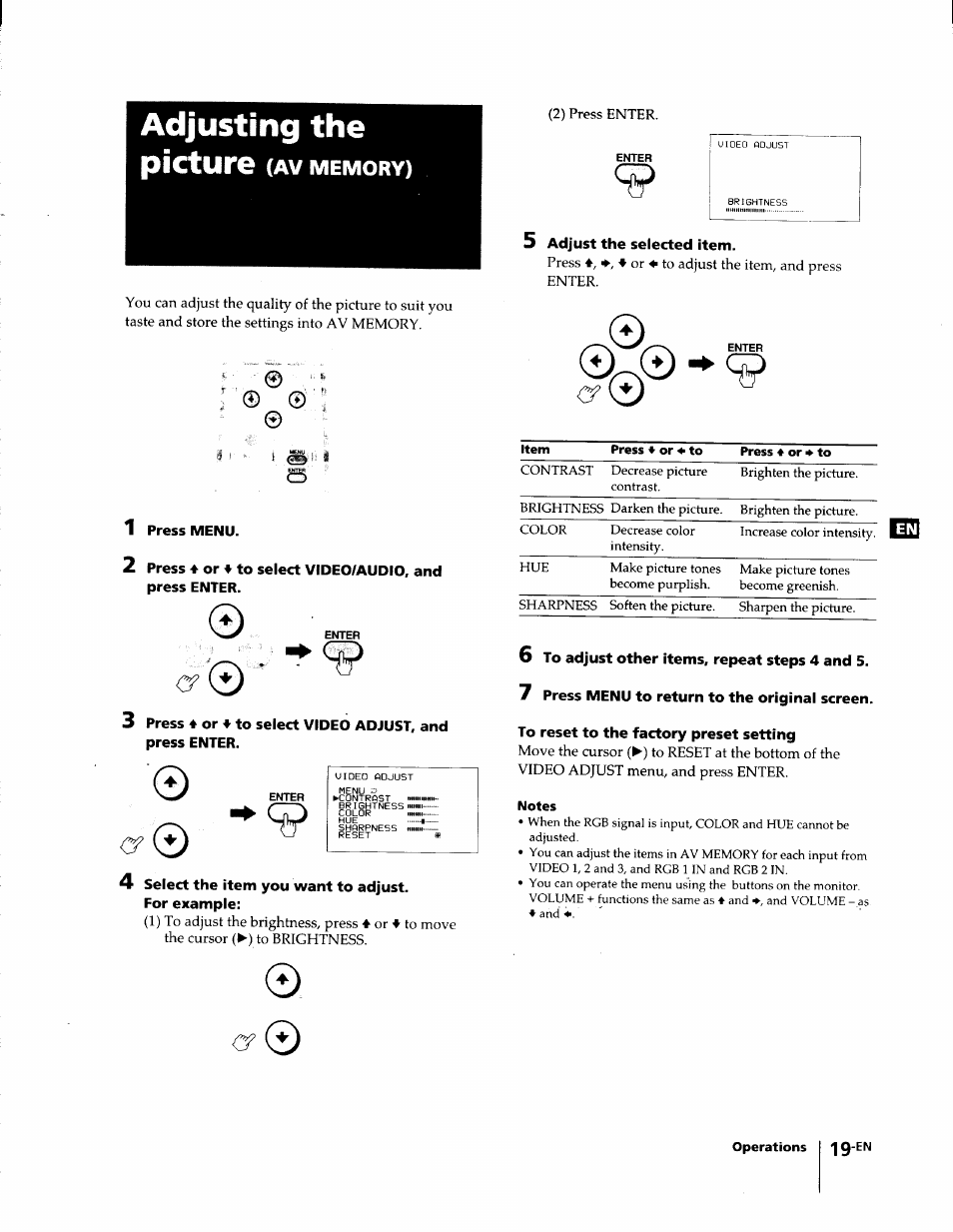 Adjusting the, 1 press menu, 4 select the item you want to adjust | For example, 5 adjust the selected item, 6 to adjust other items, repeat steps 4 and 5, 7 press menu to return to the original screen, To reset to the factory preset setting, Notes | Sony KL-W7000 User Manual | Page 19 / 96