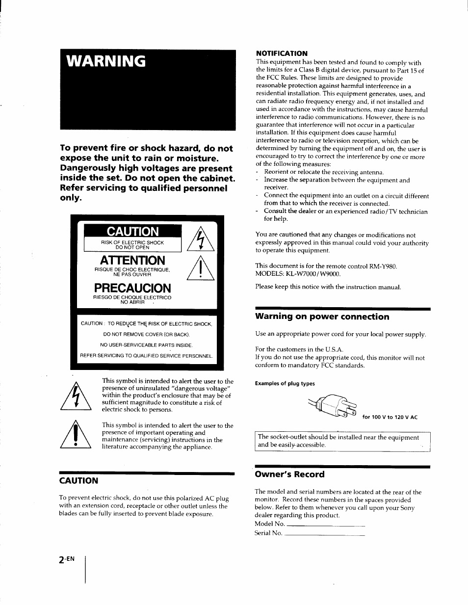 Warning, Caution, Attention | Precaucion, Warning on power connection, Owner's record | Sony KL-W7000 User Manual | Page 2 / 96