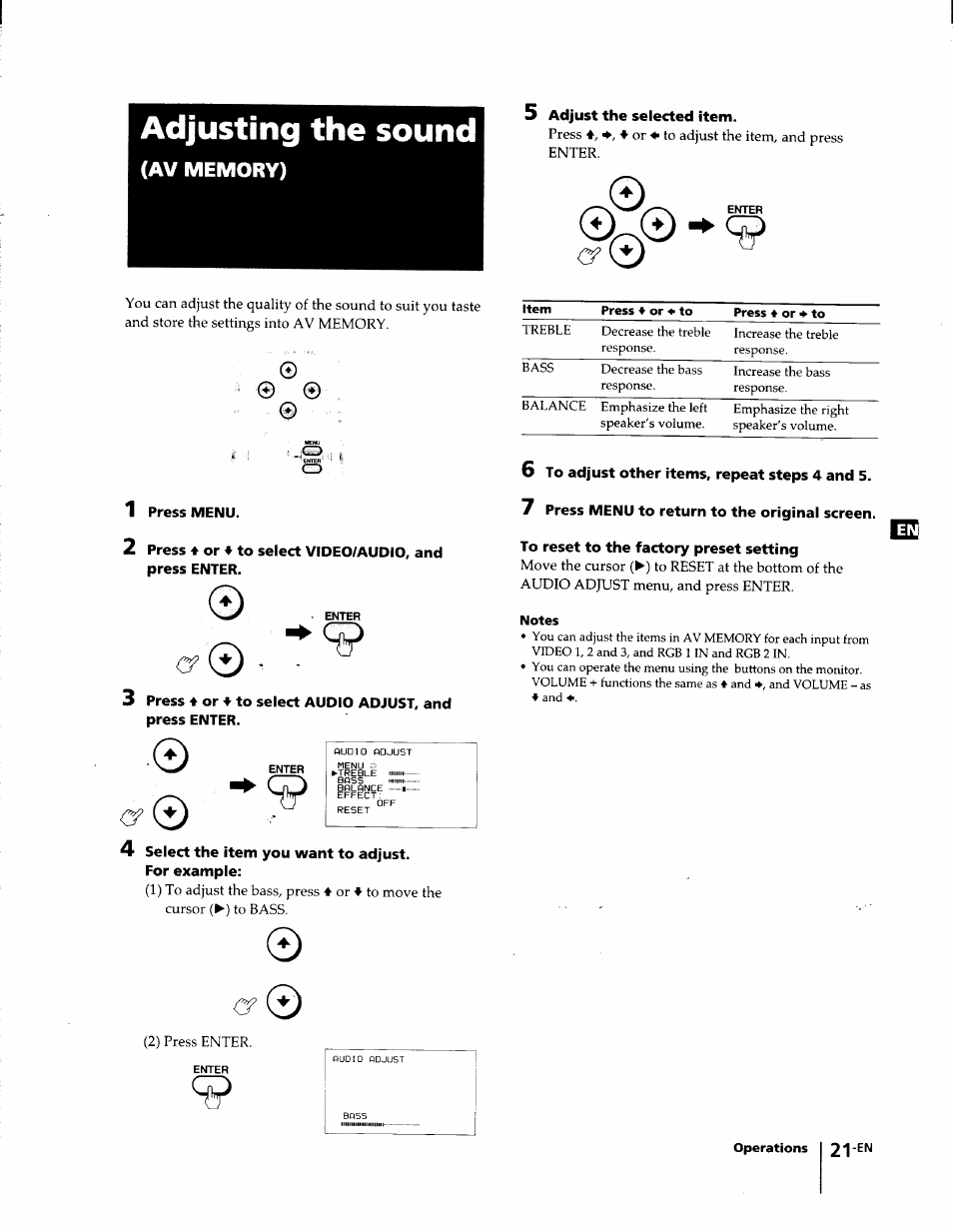 5 adjust the selected item, 1 press menu, 4 select the item you want to adjust | For example, 6 to adjust other items, repeat steps 4 and 5, 7 press menu to return to the original screen, To reset to the factory preset setting, Adjusting the sound | Sony KL-W7000 User Manual | Page 21 / 96