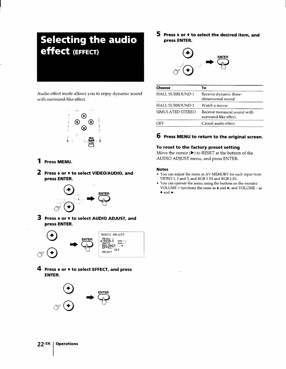 Selecting the audio, 1 press menu, O’ 0 | 4 press 4 or 4 to select effect, and press enter, 6 press menu to return to the original screen, To reset to the factory preset setting, Selecting the audio effect, 0o’0 -►<5 | Sony KL-W7000 User Manual | Page 22 / 96