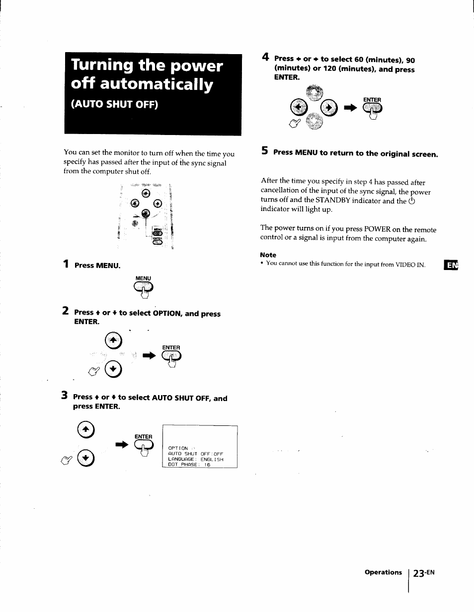 Turning the power off automatically, 1 press menu, 2 press 4 or ♦ to select option, and press enter | 5 press menu to return to the original screen, 0<y 0 | Sony KL-W7000 User Manual | Page 23 / 96