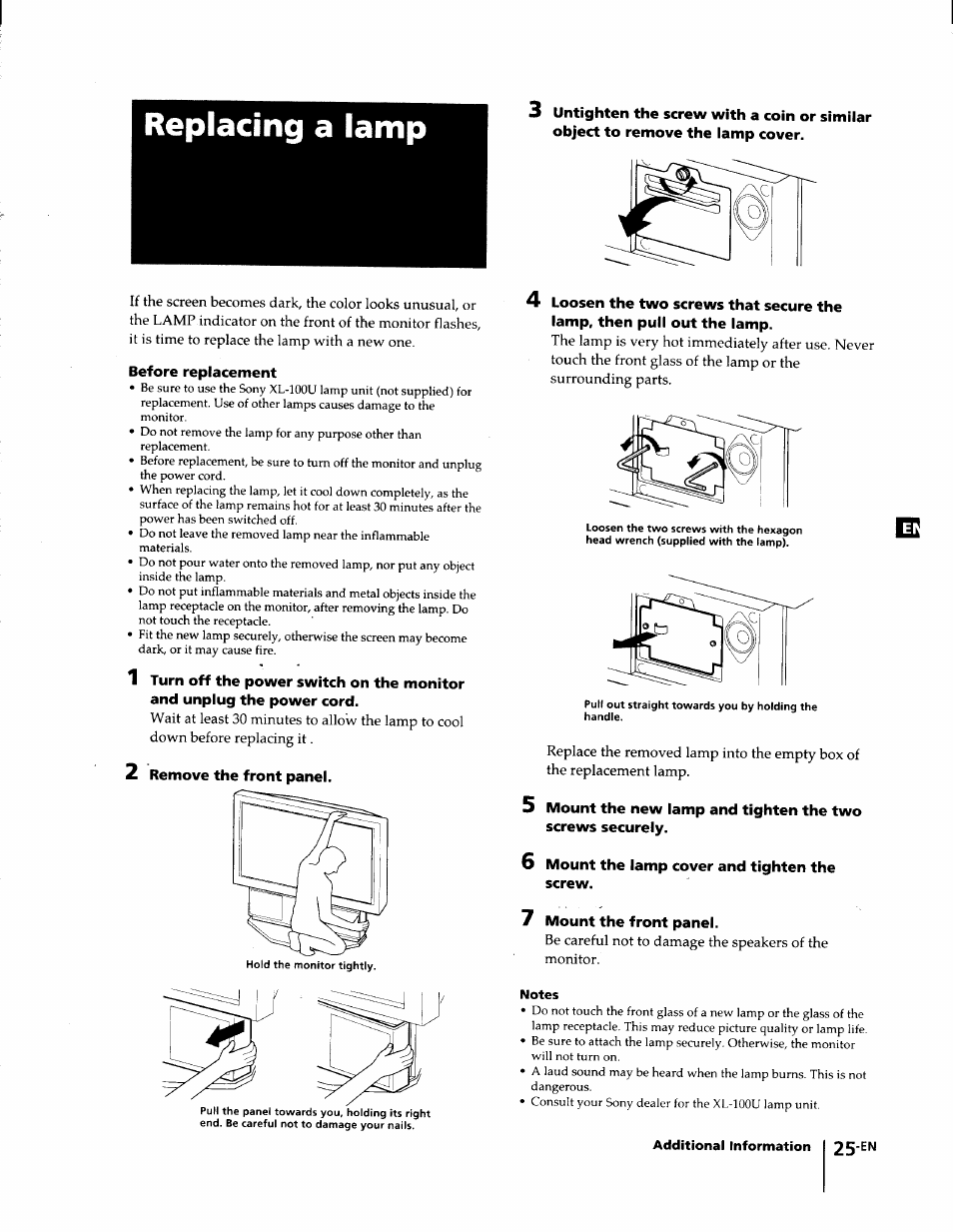 Replacing a lamp, Notes | Sony KL-W7000 User Manual | Page 25 / 96